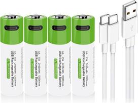 USB AA ličio jonų įkraunamos baterijos, 1,5 V 2600 mWh įkraunamos AA baterijos, 1 val. greito įkrovimo, 1200 ciklų su C tipo įkrovimo kabeliu, apsauga nuo perkrovimo, 4 vnt.