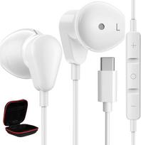 USB C ausinės "Galaxy A26 A16 5G A36 A56 iPhone 16 17 Pro", į ausis dedamos ausinės su kabeliu, mikrofonu, C tipo ausinėmis, skirtos "Samsung A55 A35 A54 A34 S26 S25 iPad", "Xiaomi 15 14T Pixel 10a 9", baltos spalvos