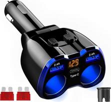 USB C automobilinis įkroviklis Cigarečių žiebtuvėlio dalytuvo adapterio dalytuvas C tipo automobilinis įkroviklis Dvigubas lizdas 12V/24V DC 120W su LED 12V/24V DC 120W LED voltmetro jungikliu Dvigubas USB prievadas (mėlynas)