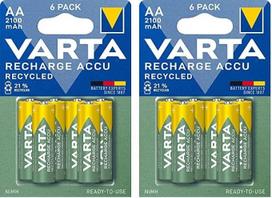 VARTA įkraunamos AA baterijos, 6 vnt., pakuotė Recharge Accu Recycled Battery 2100mAh Ni-Mh 21% perdirbtos medžiagos, iš anksto įkrautos, paruoštos naudoti (pakuotė po 2 vnt.)
