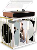 Vinilo laikymo medinis derliaus daugiafunkcinis 3 skyrių plokštelių laikiklis, skirtas 100 plokštelių gyvenamojo kambario biurui (baltas)