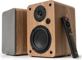VULKKANO A4 ARC aktyvusis garsiakalbis su 4 colių žemų dažnių garsiakalbiu, "Bluetooth 5.0", HDMI ARC, optika, RCA, USB, su žemų dažnių garsiakalbio išvestimi, elegantiško dizaino garsiakalbis ant lentynos, rudos spalvos