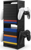 Žaidimų saugojimo bokšto stovas PS5, PS4, "Xbox Series X/S", "Xbox One", "Switch" ir "Blu-Ray" diskams - 24 diskų organizavimo stovas su valdiklio ir ausinių kabliuku, vertikalus, dviejų aukštų, taupantis vietą