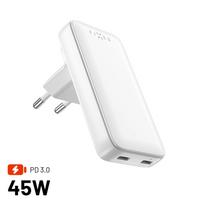 Kelioninis įkroviklis FIXED Slim  2x USB-C Tsu adapteriu, GaN, 45W, baltas
