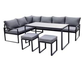 Lauko baldų komplektas LEIPCIG, 3 vietų kampinė sofa, 3 vietų sofa, stalas ir taburetės