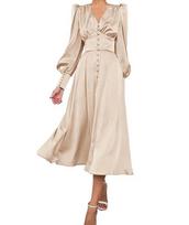 Elegantiška Vintage Satininė Maxi Suknelė Smėlio Spalvos Xs, XS