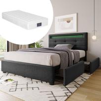 Minkšta viengulė lova 90×200 cm su LED apšvietimu ir 2 stalčiais, reguliuojamas galvūgalis, su čiužiniu, pilka, 1 vnt