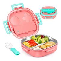 Good-Stainless Steel Kid Bento Box Leak-Proof Lunch Box With Cutlery-Ideal Portion Sizes For Ages 1 To 3 Pink rožinė