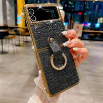 Ring Holder PU Leather Plating Case For Samsung Galaxy Z Flip 7 6 Flip 5 Flip 4 Zflip 3 Bling Diamond Shockproof Cover For Galaxy Z Flip 5 juoda
