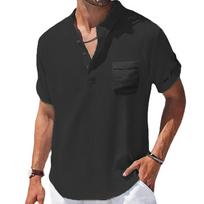 Vasariniai vyriški medvilniniai ir lininiai marškiniai marškinėliai trumpomis rankovėmis Henry Collar Kasdieniai vyriški marškinėliai Marškiniai Vyriški vyriški drabužiai L juoda