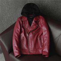 Genuine Leather Jacket Men Real Cowhide Biker Coat Detachable Hood Short Jacket New Arrival 2XL bordinė