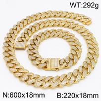 Hip-Hop Heavy Cuban Link Chain Set Man Bracelet Necklace Luxury Gold Color Stainless Steel & Full CZ Men's Necklace & Bracelets Sets 60CM 22CM auksas