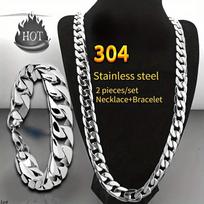 Stainless Steel Thick 8mm Cuban Link Chain 18-30  Durable Men's Necklace and Bangle Set, Hip Hop Punk Couple Chain Hypoallergenic Titanium Jewelry Bracelet necklace/18in sidabras