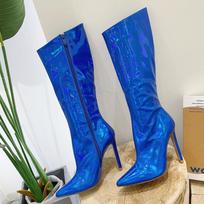 Seksualūs podiumo veidrodiniai patentinės odos moteriški iki kelių ilgio batai Rudens žiemos avalynė Smailus pirštas Užtrauktukas Stiletto kulnas Ilgi Botas Mujer 35 mėlyna