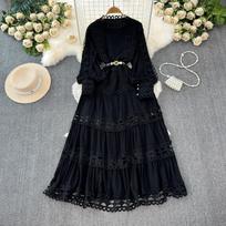 FASHION Court Style Elegantiškos Moteriškos Suknelės Nertos Nėrinės Su O formos Žibintu Rankovės Moteriška Vestidos A formos diržo suknelė Dropship One Size juoda