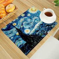 Van Gogh The Starry Night Print Linen Dining Table Mats Alphabet Kitchen Placemat 30X45cm Coasters Pads Bowl Cup Mat 4pcs-30x45cm