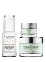 SYMBIOSIS CBD šviesinantis drėkiklis (50 ml), CBD stangrinantis paakių kremas (10 ml), šviesinantis ir raminantis šveičiamasis drėkiklis (45 ml)