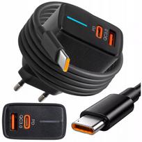 Spartusis sieninis įkroviklis BLOW, USB + USB-C jungtys, QC+PD 20W, su USB-C 2.0 1m kabeliu, juodas