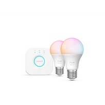 Philips Hue Essential Starter Kit: Hue Bridge + 2 Essential E27 Smart Bulbs, White and Color Ambiance, 2200K-6500K, compatible with common smart home assistants