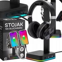 Žaidimų ausinių stovas su RGB apšvietimu ir 2x USB šakotuvu