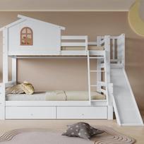 Dviaukštė lova su čiuožykla ir stalčiais 90x200 ir 120x200 cm medinis rėmas 1 vnt