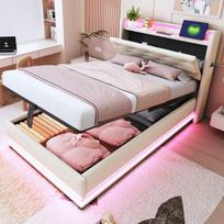 Vaikiška minkšta lova 90x200 su LED, USB ir hidrauline daiktadėže smėlio spalvos