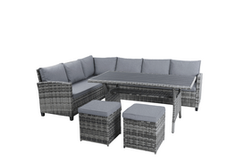 Pintų lauko baldų rinkinys OSLO, 5 dalių: valgomasis stala, 3 vietų sofa, kampinė sofa, 2 pufai