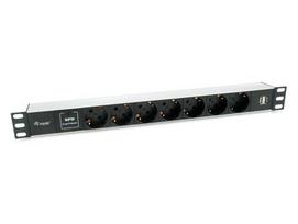 Equip 19" power strip, 7x Schuko / 2x USB, 90° angled, stainless steel, aluminum finish.