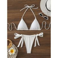 Seksualus mikro bikini 2026 m. Moteriškas maudymosi kostiumas Moteriški maudymosi drabužiai Mini dirželis Bikini rinkinys Suvarstomas kaklu Biquini Paplūdimio drabužiai Maudymasis maudymosi kostiumui S balta