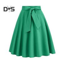 Women Mini Skirt High Waist Lace-up Bowknot Decor Short Skirt Solid Color A-Line Skate Skirt Leisure Daily Wear S žalia