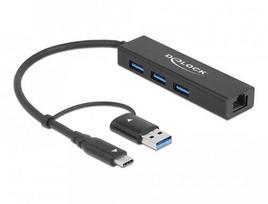 Delock 3 Port USB 3.2 Gen 1 Hub Gigabit LAN USB Type-C to Type-A