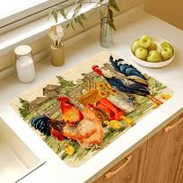 1Pcs Rubber Drying Mat With Retro Chicken Print For Coffee Shop Restaurant Kitchen Carpet Tableware Durable Diatom Mud Table Mat Pet Mat Coffeeware 40*50 CM beige