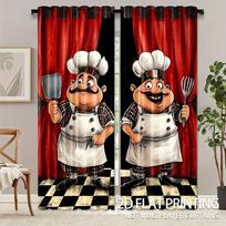 Set Of 2 Chef Kitchen Curtains Funny Cooking Theme Window Drapes Red Black Buffalo Check Plaid Semi Polyester Light Filtering Made Treatment W100*H70(CM)-Rod Pocket&2PCS