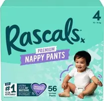 RASCALS sauskelnės-kelnaitės, 4 dydis, 10-15 kg., 56 vnt.