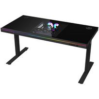 Dual-motor sit/stand adjustable-height gaming desk with built-in PC case, wireless charger