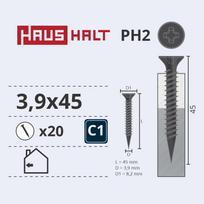 Medsraigtis, įsukami į metalą Haushalt PH2, 3.9 x 45 mm, pilka sp., 20 vnt.