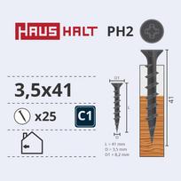 Medsraigtis, gk plokštėms Haushalt PH2, 3.5 x 41 mm, pilka sp., 25 vnt.