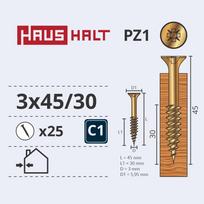 Medsraigtis, universalieji Haushalt PZ1, 3 x 45 mm, geltona sp., 25 vnt.