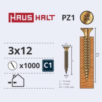 Medsraigtis, universalieji Haushalt PZ1, 3 x 12 mm, geltona sp., 1000 vnt.