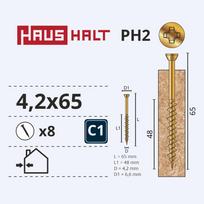 Medsraigtis, osb plokštėms Haushalt ZN PH, 4.2 x 65 mm, geltona sp., 8 vnt.