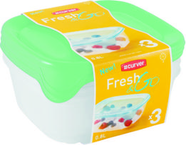 Dėžutė maistui Curver Fresh&Go, 0.8 l, 15.5 cm x 15.5 cm, skaidri sp./žalia sp., 3 vnt.