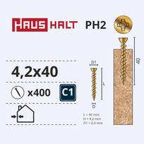 Medsraigtis, osb plokštėms Haushalt PH, 4.2 x 40 mm, geltona sp., 400 vnt.
