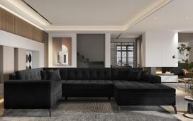 Kampinė sofa Montez Lukso 10, juoda sp., dešininė, 180 x 340 cm x 93 cm