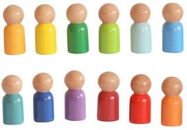 Lavinimo žaislas Wood&Joy Waldorf Rainbow Peg Doll, 6 cm, įvairių spalvų, 12 vnt.