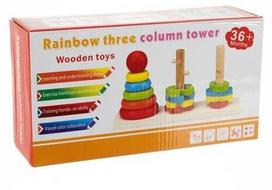 Bokštelis su žiedais Kruzzel Rainbow three column tower, 11.5 cm, įvairių spalvų, 15 vnt.