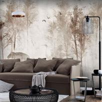 Fototapetas Artgeist Among The Trees - Landscape In Grey Tones In Fog In A Clearing With Birds, 105 cm x 150 cm