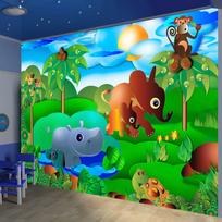 Fototapetas Artgeist Wild Animals In The Jungle - Elephant, Monkey, Turtle With Trees For Children MNEW010530, 105 cm x 105 cm