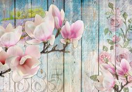 Fototapetas Artgeist Pink Flowers On Wood 2XLFT2, 210 cm x 300 cm