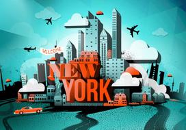 Fototapetas Artgeist Street Art - Red New York Text With Skyscraper And Car Motif LNEW010498, 140 cm x 140 cm
