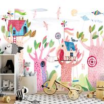 Fototapetas Artgeist Painted Tree Houses - A Colourful Fantasy With Kites For Children, 315 cm x 450 cm